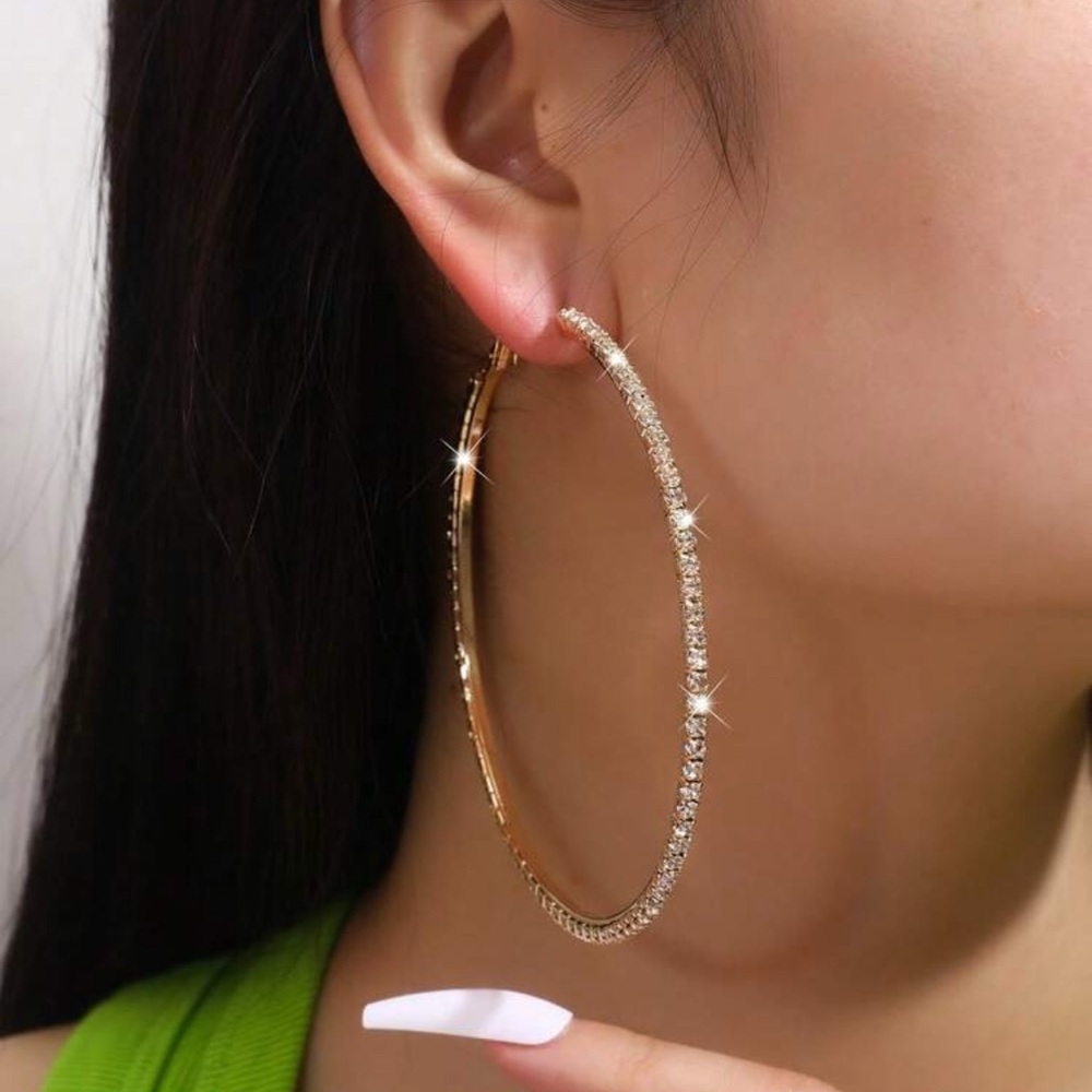 Gold Rhinestone Hoop Earrings Large Statement Hoop - Picture 2 of 2